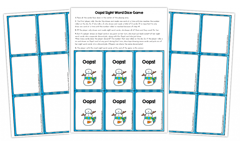 Oops! Sight Word Dice Game for Winter
