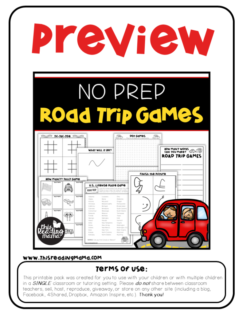 NO PREP Road Trip Games Pack PREVIEW - This Reading Mama