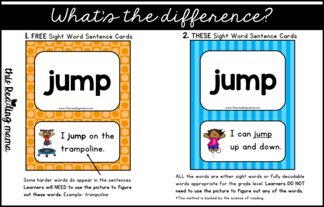 Difference between the Free Sight Word Sentence Cards and those in my shop