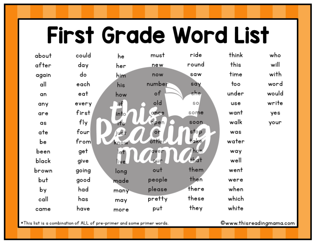 First Grade Sight Word Sentence Cards - Word List