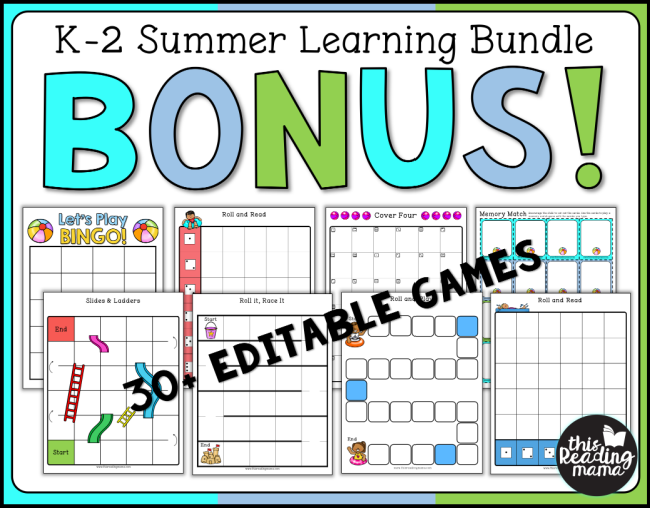 K-2 Summer Learning Games Bundle BONUS - More than 30 EDITABLE GAMES