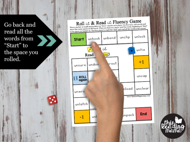 Prefixes Fluency Games - read every word from Start each time you roll